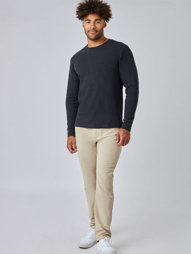 Joe is 6', 180LBS and wears a size L # Charcoal Thermal Long Sleeve Crew Studio Full Body Image | Fresh Clean Threads