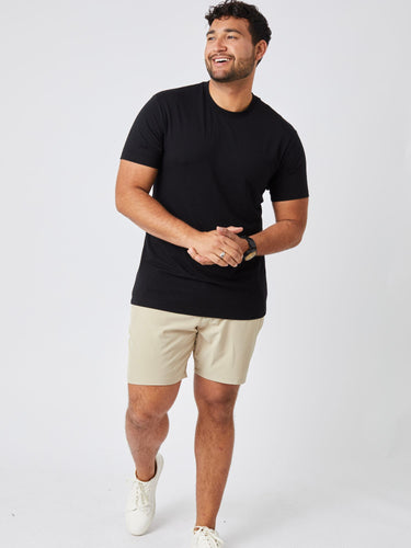 Matheus is 6', 210LBS and wears a size XL # All Black Performance Crew 5-pack Studio Model Size XL | Fresh Clean Threads