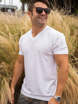 rob is 5'8, 160lbs and wears size m # Tee Box V-Neck 3-Pack | White Lifestyle Size Medium | Fresh Clean Threads
