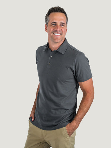 Ben is 6'1, 180lbs and wears a size M # Graphite Torrey Polo Studio Size Medium | Fresh Clean Threads