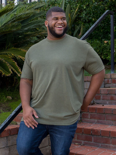 Steven is 6', 275lbs and wears a size 3xl # Summer Saver's 5-Pack Military Crew Neck Tee Model | Fresh Clean Threads
