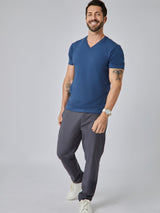 Patrick is 5'10", 163LBS and wears a size M # Steel Blue V-Neck Tee Studio Image Model Size M | Fresh Clean Threads