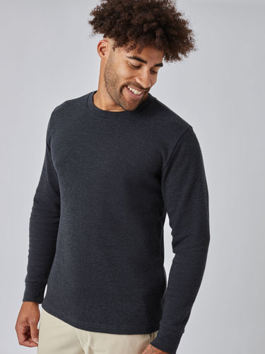 Joe is 6', 180LBS and wears a size L # Best Seller's Thermal Long Sleeve Crew 3-Pack | Model in Charcoal Thermal Size Large | Fresh Clean Threads