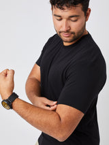 Matheus is 6', 210LBS and wears a size XL # Men's Tee in size XL | Black Performance Crew Neck Tee Shirts | Great fit, Not too tight around the arms