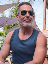 Jamie is 6'2, 200lbs and wears a size M # Navy Pacific Beach Tank Top Lifestyle Size Medium | Fresh Clean Threads