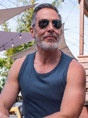 Jamie is 6'2, 200lbs and wears a size M # Navy Pacific Beach Tank Top Lifestyle Size Medium | Fresh Clean Threads