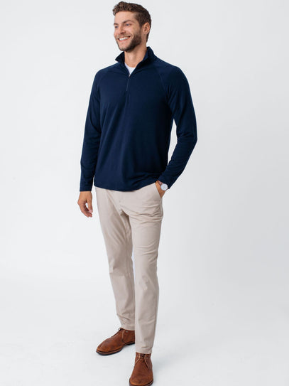 Joe is 6'2, 177LBS and wears a size L # Navy Blue Performance Quarter Zip | Fresh Clean Threads