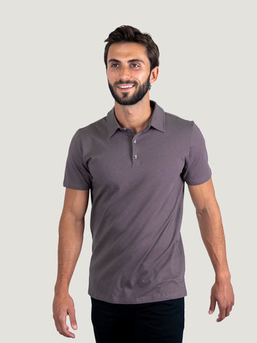 Pasha is 6' 180 lbs and wears a size M # Purple Galaxy Torrey Polo Studio Size Medium | Fresh Clean Threads
