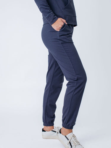 Maddy is 5'8", size 4 and wears a size S # Women's Odyssey Blue Terry Sweatpants | Fresh Clean Threads