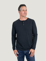 Ben is 6'1, 180lbs and wears a size M # Black Slim Fit Long Sleeve Henley Studio Size Medium | Fresh Clean Threads