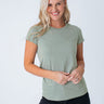 Maddy is 5'8", size 4 and wears a size S # Women's Vintage Green Tee | Fresh Clean Threads