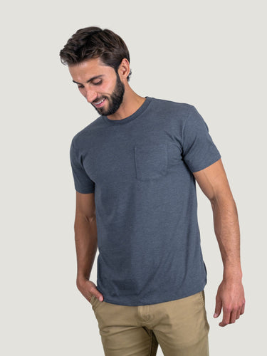 Pasha is 6' 180 lbs and wears a size M # Navy Pocket Tee, Size Medium | Fresh Clean Threads