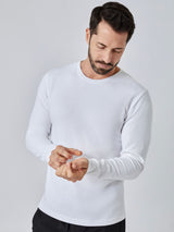 Patrick is 5'10", 163LBS and wears a size M # White Long Sleeve Thermal Crew Studio Image | Fresh Clean Threads