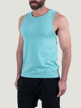 Matt is 6'1, 195LBS and wears a size M # Sky Pacific Beach Tank Top | Size Medium | Fresh Clean Threads