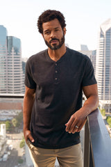 Jarrett is 6', 168lbs and wears a size M # Fresh Colors Short Sleeve Henley 3-Pack | Model is 6' and wears Size Medium | Fresh Clean Threads