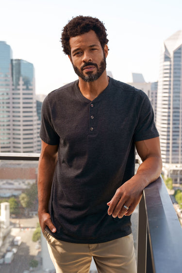 Jarrett is 6', 168lbs and wears a size M # Fresh Colors Short Sleeve Henley 3-Pack | Model is 6' and wears Size Medium | Fresh Clean Threads