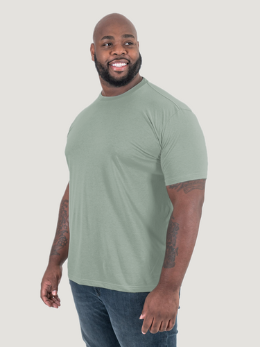 Corey is 6'2", 250LBS and wears a size 3XL # Model wears size 3XL | Vintage Green Crew Neck Tee | Fresh Clean Threads