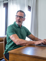 Jamie is 6'2, 200lbs and wears a size M # Pine Green Torrey Polo | Jaime Wears Size Medium | Fresh Clean Threads