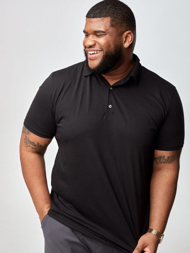 Steven is 6', 275lbs and wears a size 3xl # Black Polo Shirts | Short Sleeve Polo Tees