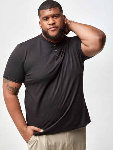 Steven is 6', 275lbs and wears a size 3xl # Black Short Sleeve Henley Men's Shirts