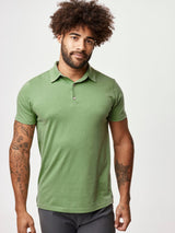 Joe is 6', 180LBS and wears a size L # Cactus Green  Men's Torrey Polo | Fresh Clean Threads