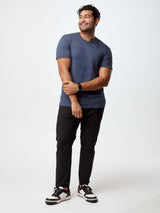 Matheus is 6', 210LBS and wears a size XL # Model wearing Navy Blue Crew Neck with proprietary Stratusoft fabric | Fresh Clean Threads Canada