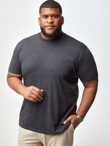 Steven is 6', 275lbs and wears a size 3xl # Charcoal Crew Neck T-shirt | Steven is wearing size 3XL