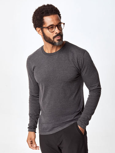 Jarrett is 6', 168lbs and wears a size M # Long Sleeve Tee in Charcoal | Fresh Clean Threads