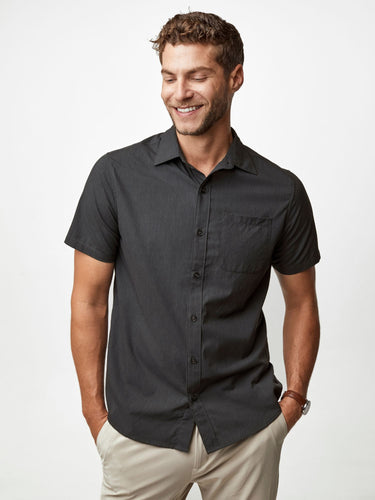 62% Cotton, 34% Polyester, 4% Spandex blend # Short Sleeve Button Ups in Charcoal | No-tag label