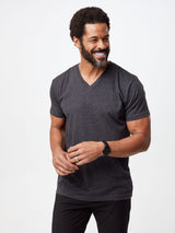 Jarrett is 6', 168lbs and wears a size M # Men's Charcoal V-Neck Tee, avaialble in the Fall Essentials V-Neck 5-Pack | Fresh Clean Threads