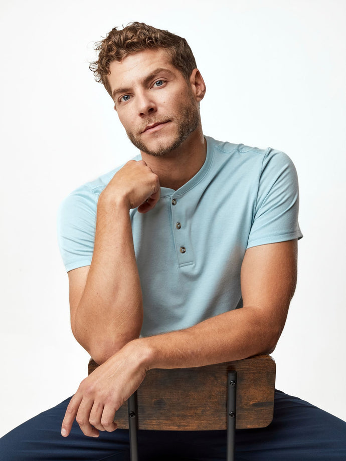 Joe is 6'2, 177LBS and wears a size L # Dusk Blue Short Sleeve Henley | Summer | Fresh Clean Threads