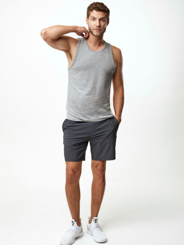 Joe is 6'2, 177LBS, waist size 32, and wears a size M # Stretch Performance Shorts | Best Selling Graphite Grey | Fresh Clean Threads