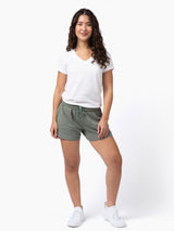 Addison is 5"3 and wears a size Small # Comfy Mercury Green Women's Shorts | Fresh Clean Threads