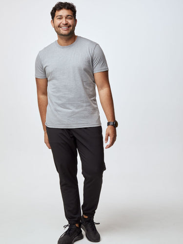 Matheus is 6', 210LBS and wears a size XL # Heather Grey Crew Neck Tee | Men's Tees | Fresh Clean Threads