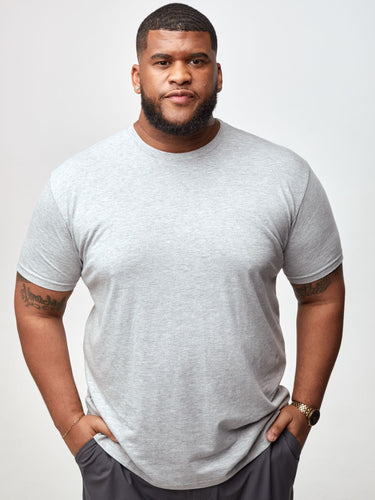 Steven is 6', 275lbs and wears a size 3xl # All Grey Tee Shirt 5-Pack Lifestyle Size 3XL | Fresh Clean Threads