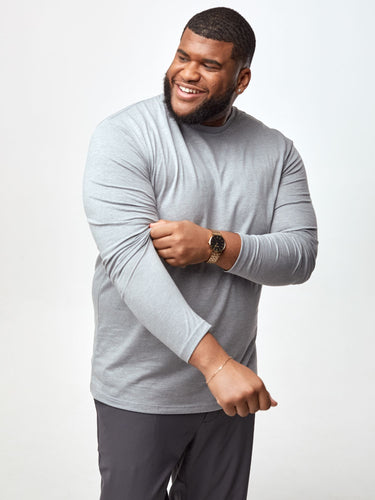 Steven is 6', 275lbs and wears a size 3XL # Heather Grey Long Sleeve Tee | Basic 3-Pack | Fresh Clean Threads
