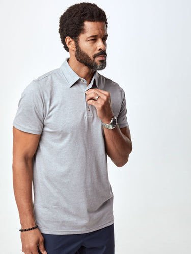 Jarrett is 6', 168lbs and wears a size M # Heather Grey Torrey Polo | Fresh Clean Threads