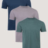 Three plain cross-dye t-shirts in blue, gray, and green 
