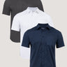 Three short-sleeve shirts in vintage black, white with blue pattern, and navy with pattern 