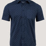FCT Stretch Button-Up in Navy Print, men's printed short sleeve button-up, front view