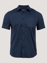 FCT Stretch Button-Up in Navy Print, men's printed short sleeve button-up, front view