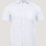 FCT Stretch Button Up in White Print, men's printed short sleeve button-up, front view