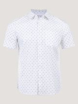 FCT Stretch Button Up in White Print, men's printed short sleeve button-up, front view