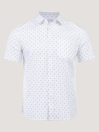 FCT Stretch Button Up in White Print, men's printed short sleeve button-up, front view
