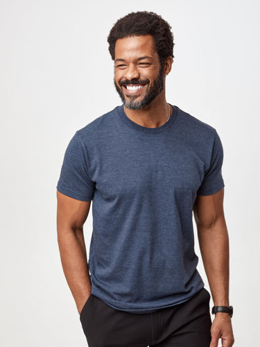 Jarrett is 6', 168lbs and wears a size M # Men's Tees | Navy | Fresh Clean Threads