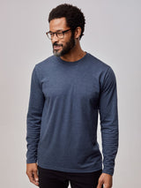 Jarrett is 6', 168lbs and wears a size M # Navy Long Sleeve Tee | Fresh Clean Threads