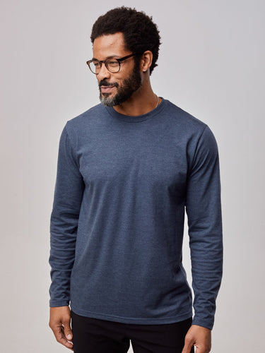 Jarrett is 6', 168lbs and wears a size M # Navy Long Sleeve Tee | Fresh Clean Threads