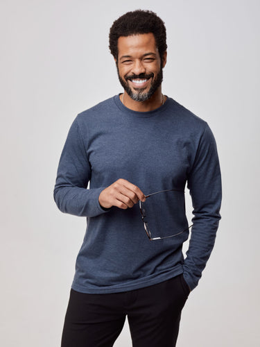 Jarrett is 6', 168lbs and wears a size M # Navy Long Sleeve Crew Tee | Fresh Clean Threads