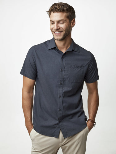 Joe is 6'2, 177LBS and wears a size L # Navy Short Sleeve Stretch Button Ups | Fresh Clean Threads