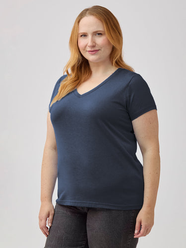 Ryn is 5'9" (size 14-16) and wears size XL # Women's V-Neck Tees at FCT | Odyssey Blue
